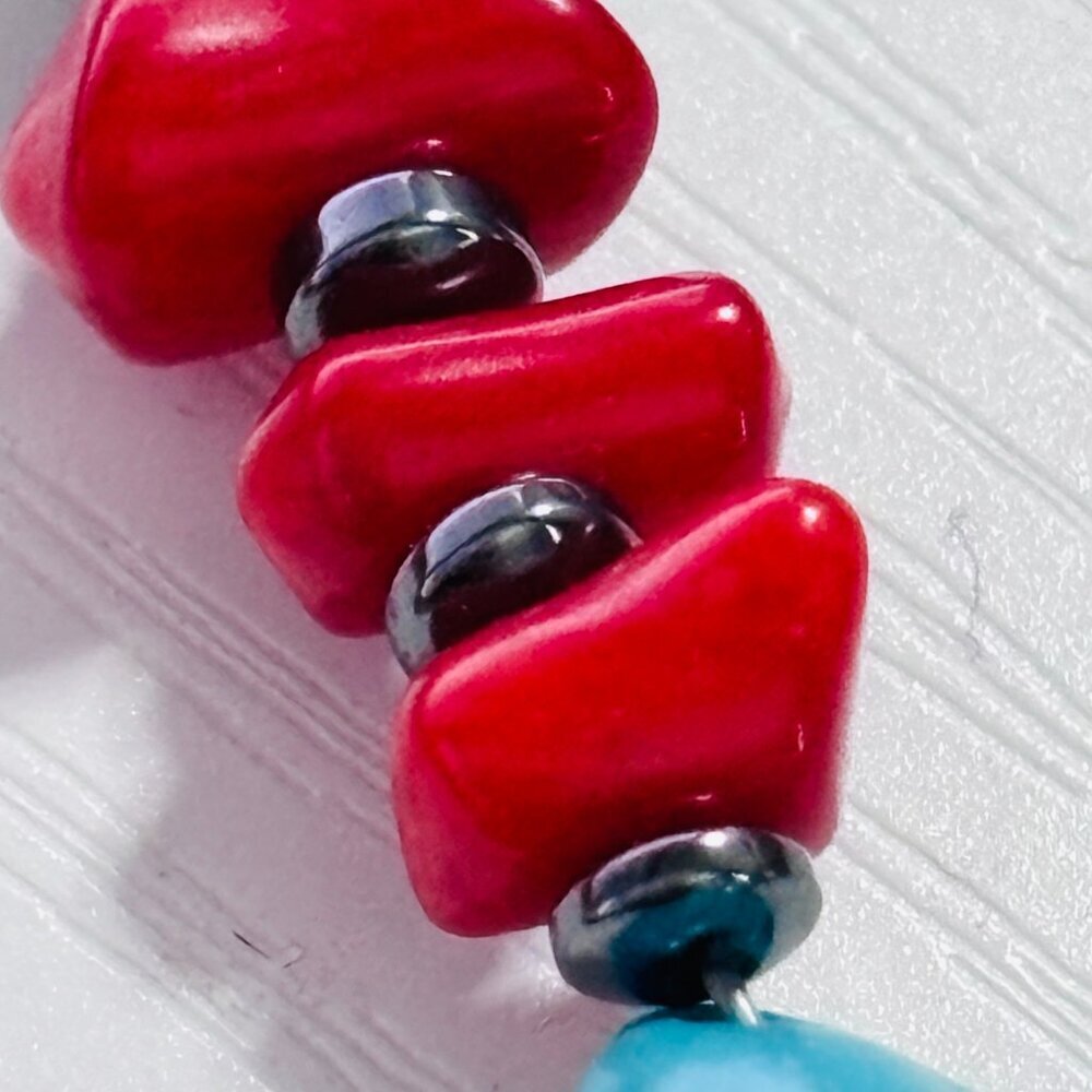 Turquoise Style & Coral Color Necklace 18” Chunky Southwestern Boho - Picture 10 of 11
